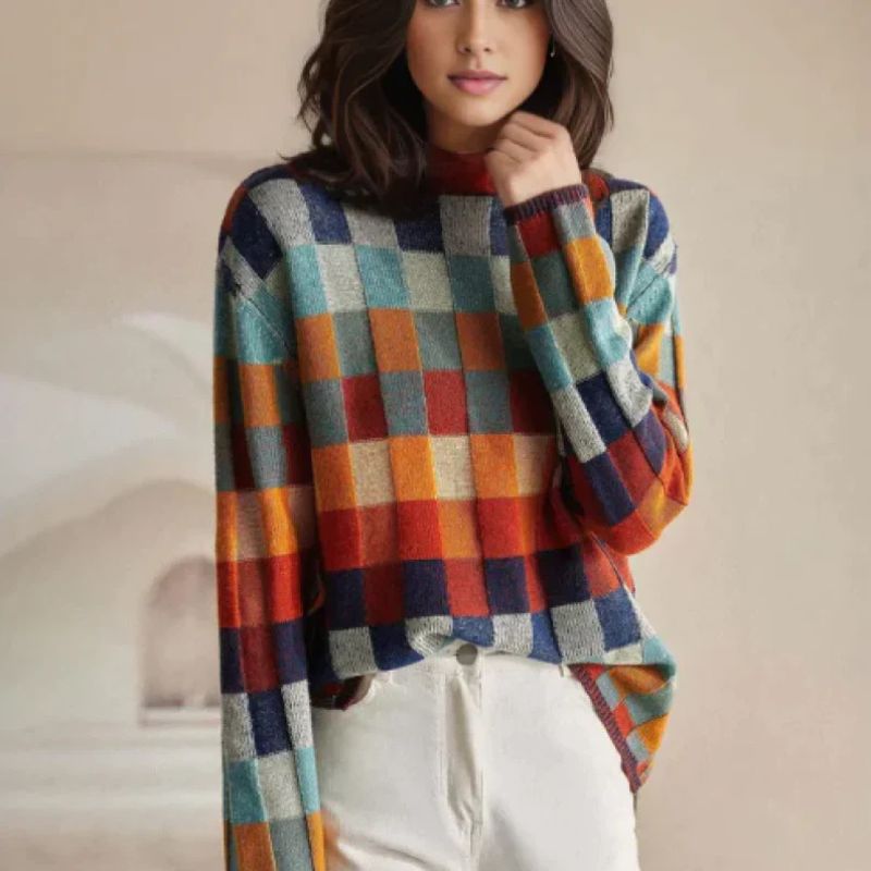 Pull mérinos à damier pour femme