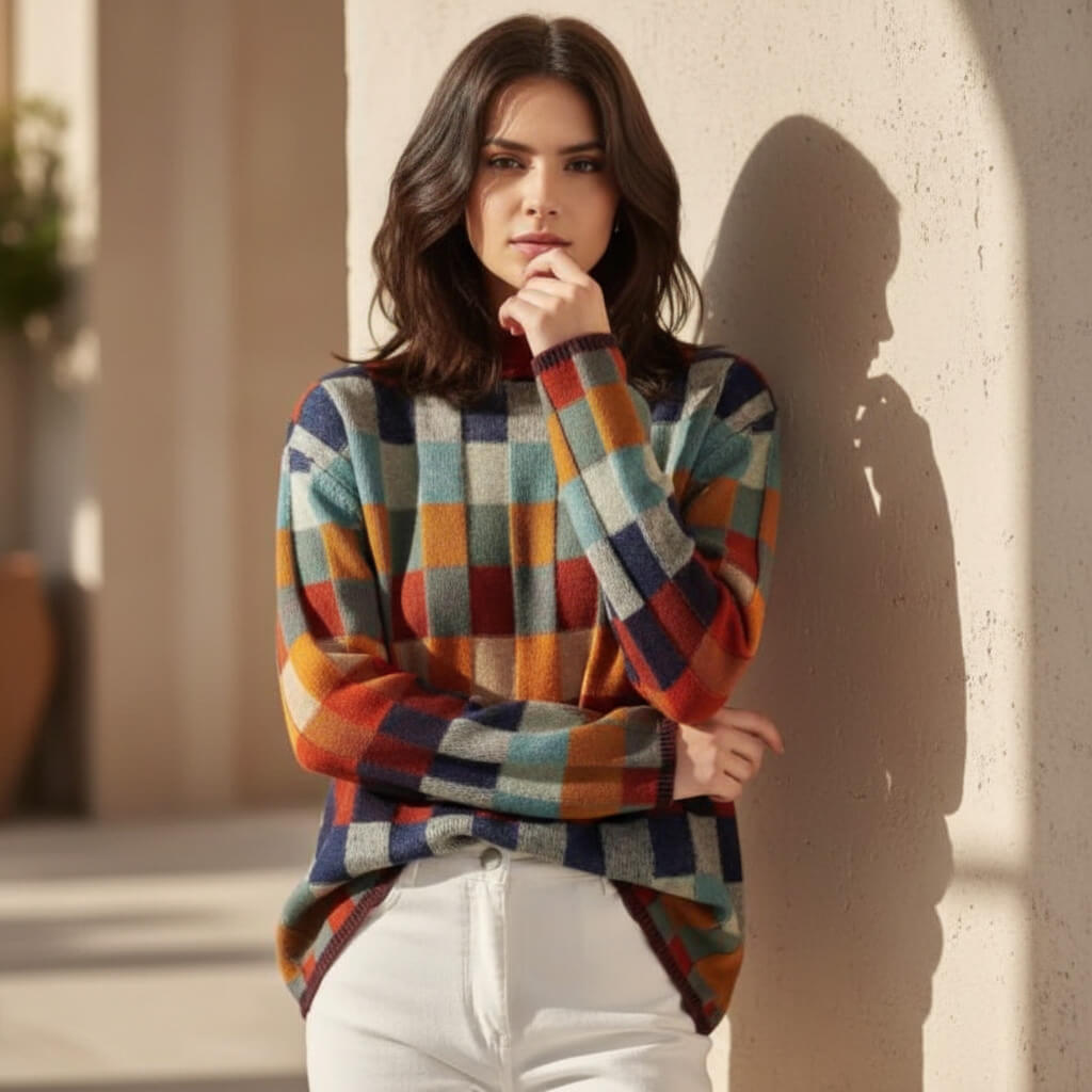 Pull mérinos à damier pour femme