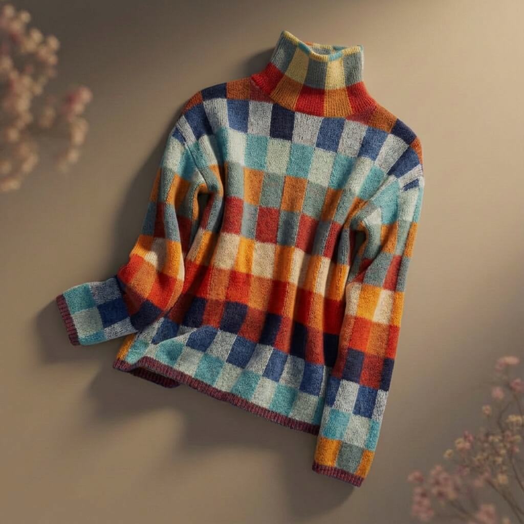 Pull mérinos à damier pour femme